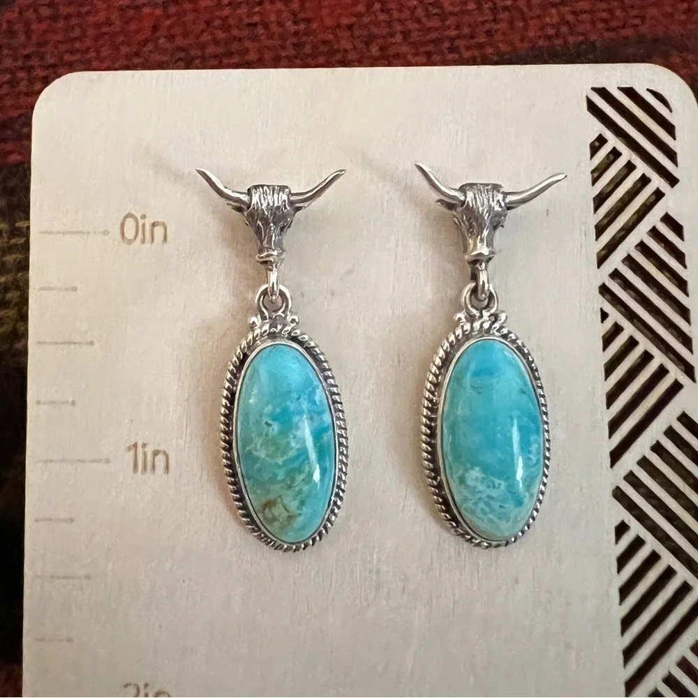 ❤️ Bull’s Head Mohave Turquoise Navajo Sterling 1.45”L Statement Earrings 12.9gm